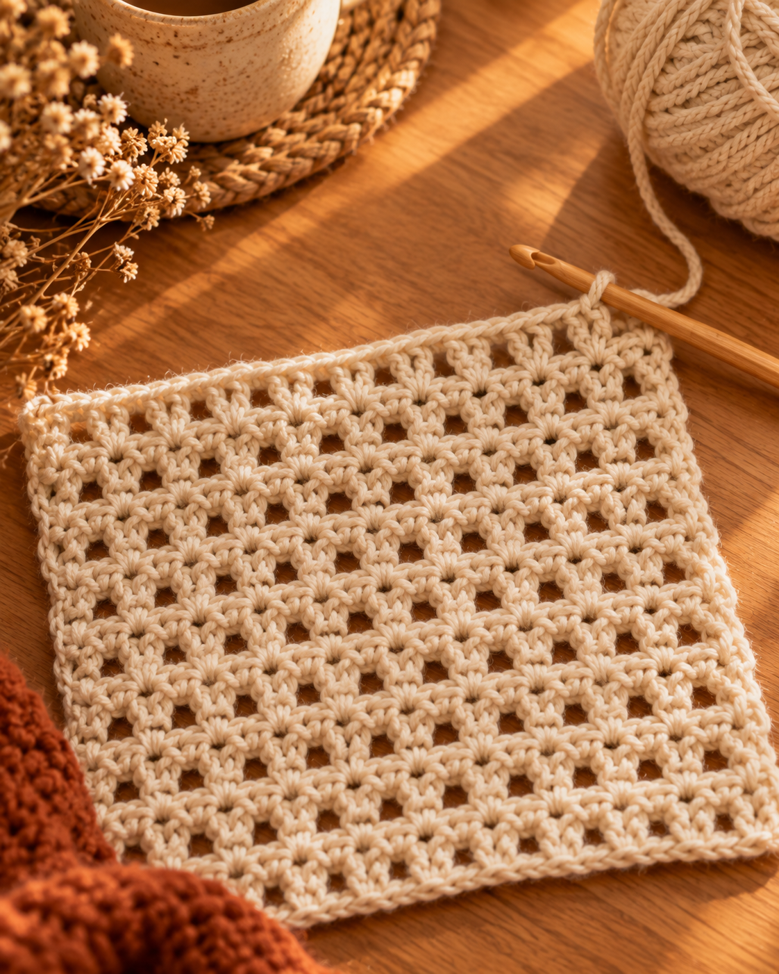 Single finished cream crochet panel showing an open granny mesh stitch pattern with bamboo hook resting on top, styled on warm oak wood