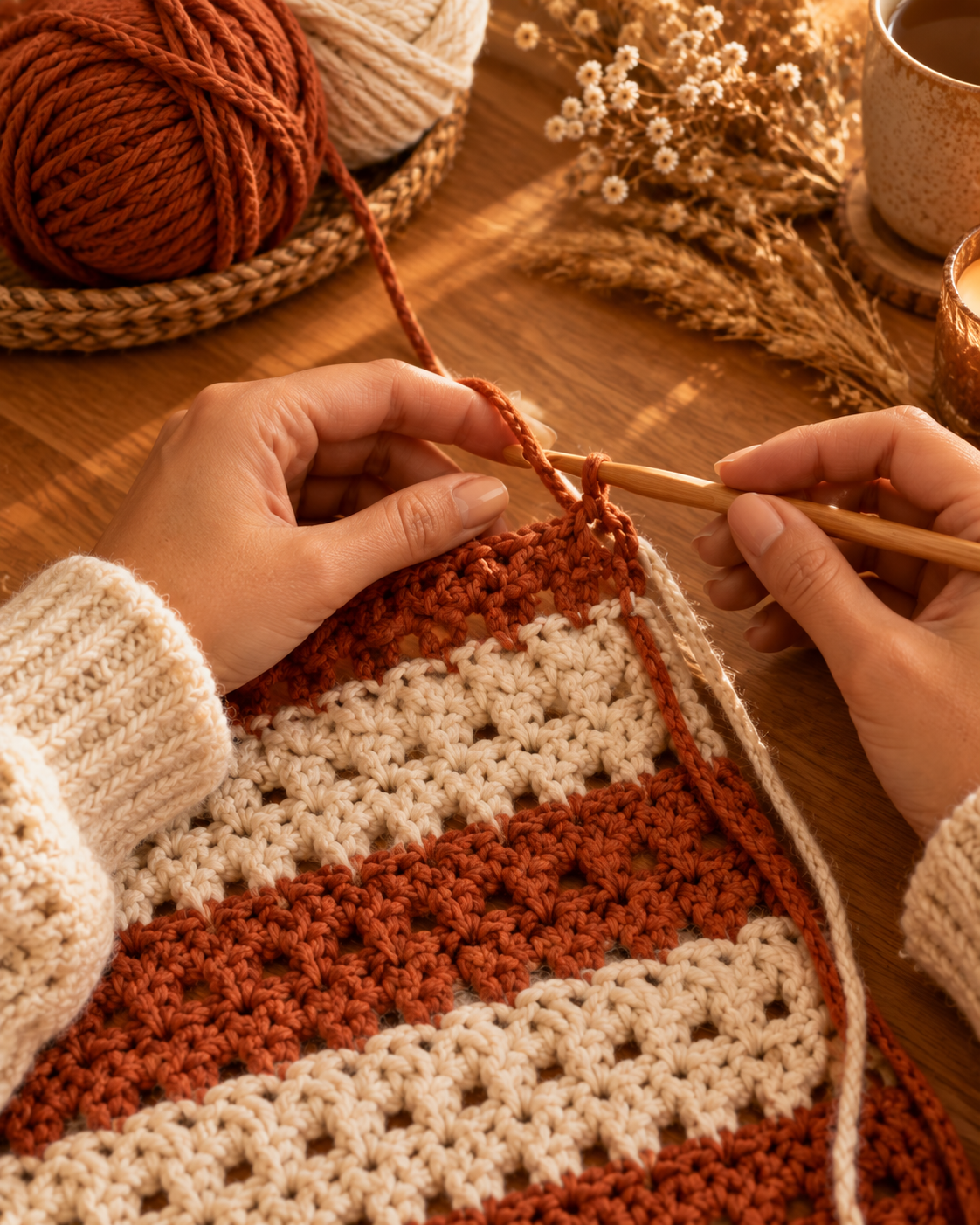 Hands crocheting a horizontal terracotta stripe onto a cream and terracotta granny stripe panel with a bamboo hook, cream sleeve visible, dried flowers in background