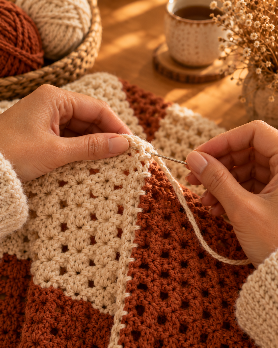 Hands using a tapestry needle and cream yarn to whip stitch two granny stripe triangular panels together at the shoulder seam, macro close-up in warm autumn light