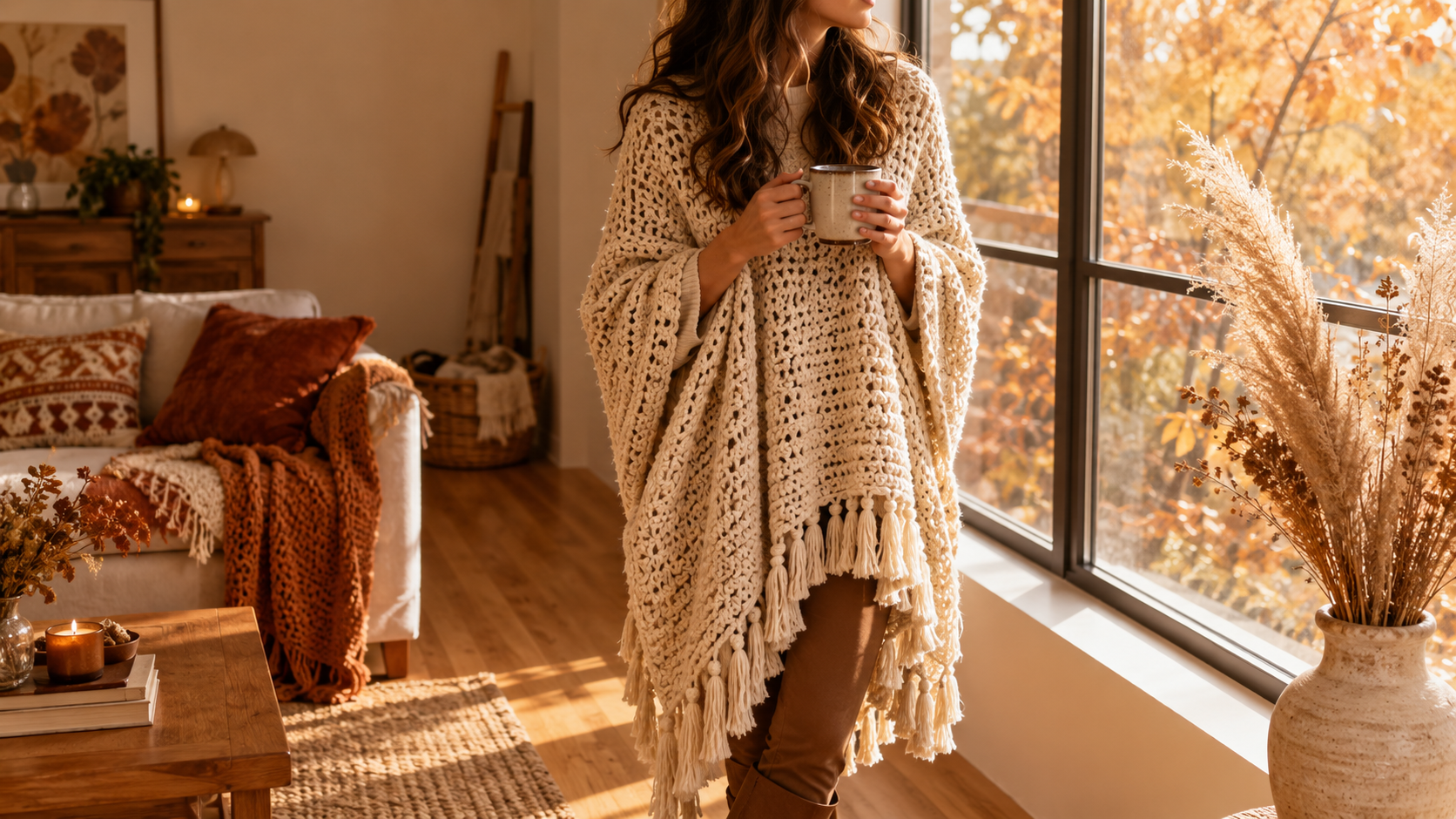 Woman wearing a finished cream chunky crochet poncho with long tassel fringe, holding a warm mug of tea beside a large sunlit window with autumn foliage outside and cozy boho living room in the background