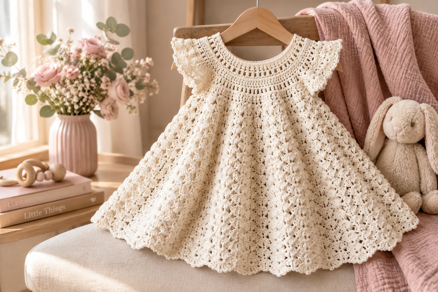 Primrose Twirl Dress, a cream crochet baby dress with a round yoke, flutter sleeves and a full shell-stitch skirt, hanging on a wooden hanger over a nursery chair beside a pink blanket and a plush bunny