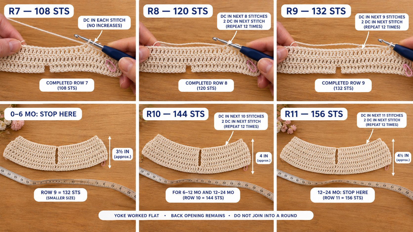 Step photos of the Primrose dress yoke, rows 7 to 11: the flat double-crochet yoke growing from 108 to 156 stitches, with the finished yoke depth for each size measured against a tape