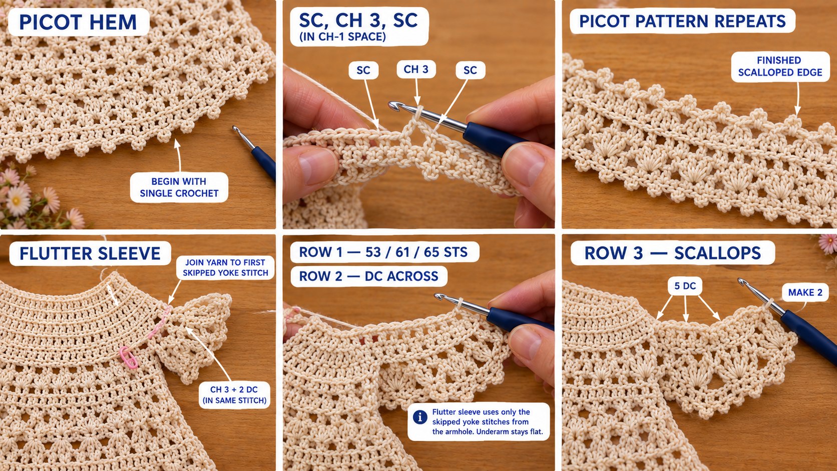 Step photos of the Primrose dress picot hem and flutter sleeves: sc, ch 3, sc picots around the hem, then the three-row flutter sleeve with 5-dc scallops worked into the armhole