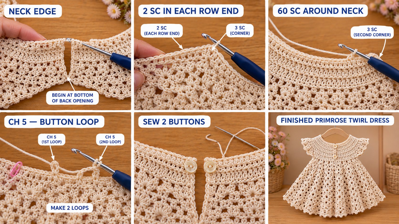 Six-step photo guide to the Primrose dress neck edge: starting at the bottom of the back opening, 2 sc in each row end, 60 sc around the neck, two ch-5 button loops, sewing on 2 buttons, and the finished dress