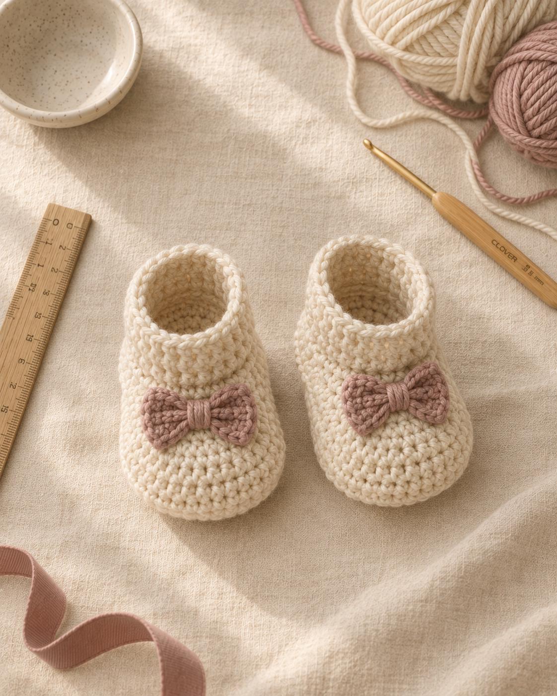 Pair of cream crochet baby booties with dusty rose bow appliqués, styled on soft cream linen with a wooden ruler, bamboo hook, and small yarn balls nearby