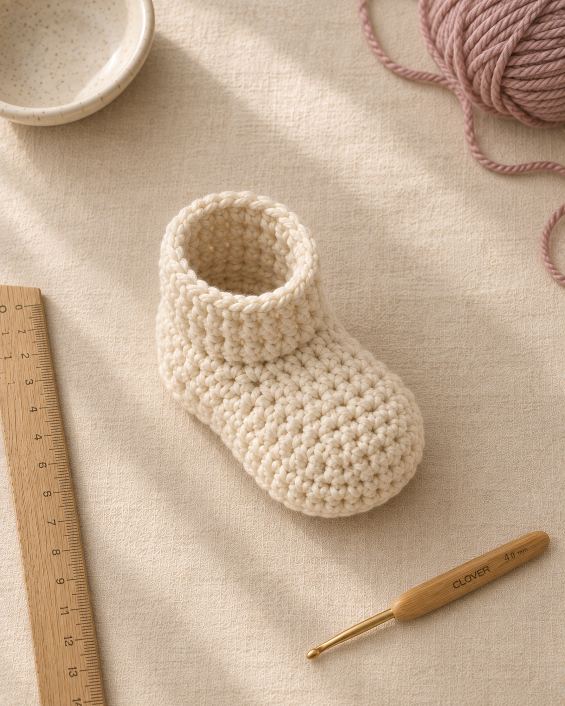 Single finished cream crochet baby bootie without the bow yet, shown at a three-quarter angle so the oval sole, rounded closed toe, built-up sides, and back ankle opening are all clearly visible on cream linen