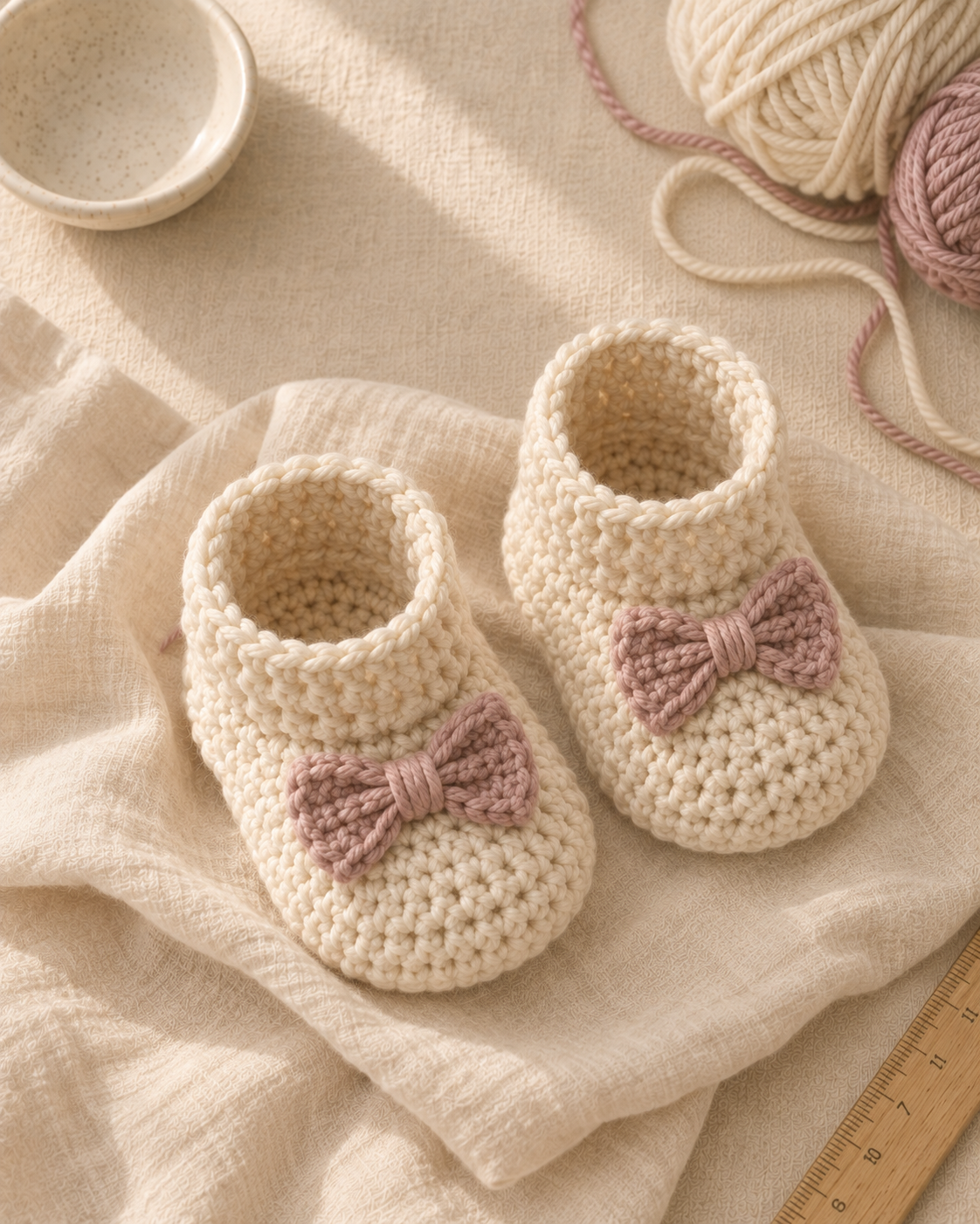 Finished pair of cream crochet baby booties with dusty rose bows attached, styled on soft cream muslin fabric with a wooden ruler and ivory ceramic bowl nearby, warm nursery-gift mood