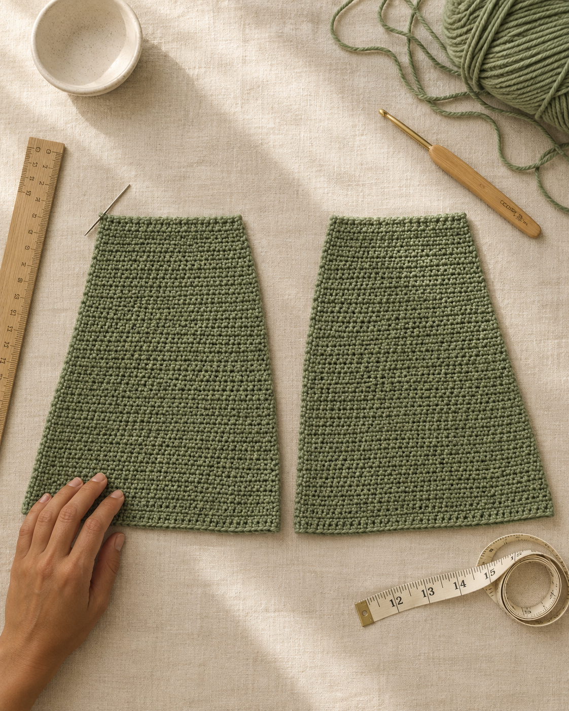 Flat-lay of two sage green crochet trapezoid panels laid side by side on cream linen, wider at the bottom hem and narrower at the top waist, with a wooden ruler and 5 mm bamboo hook nearby