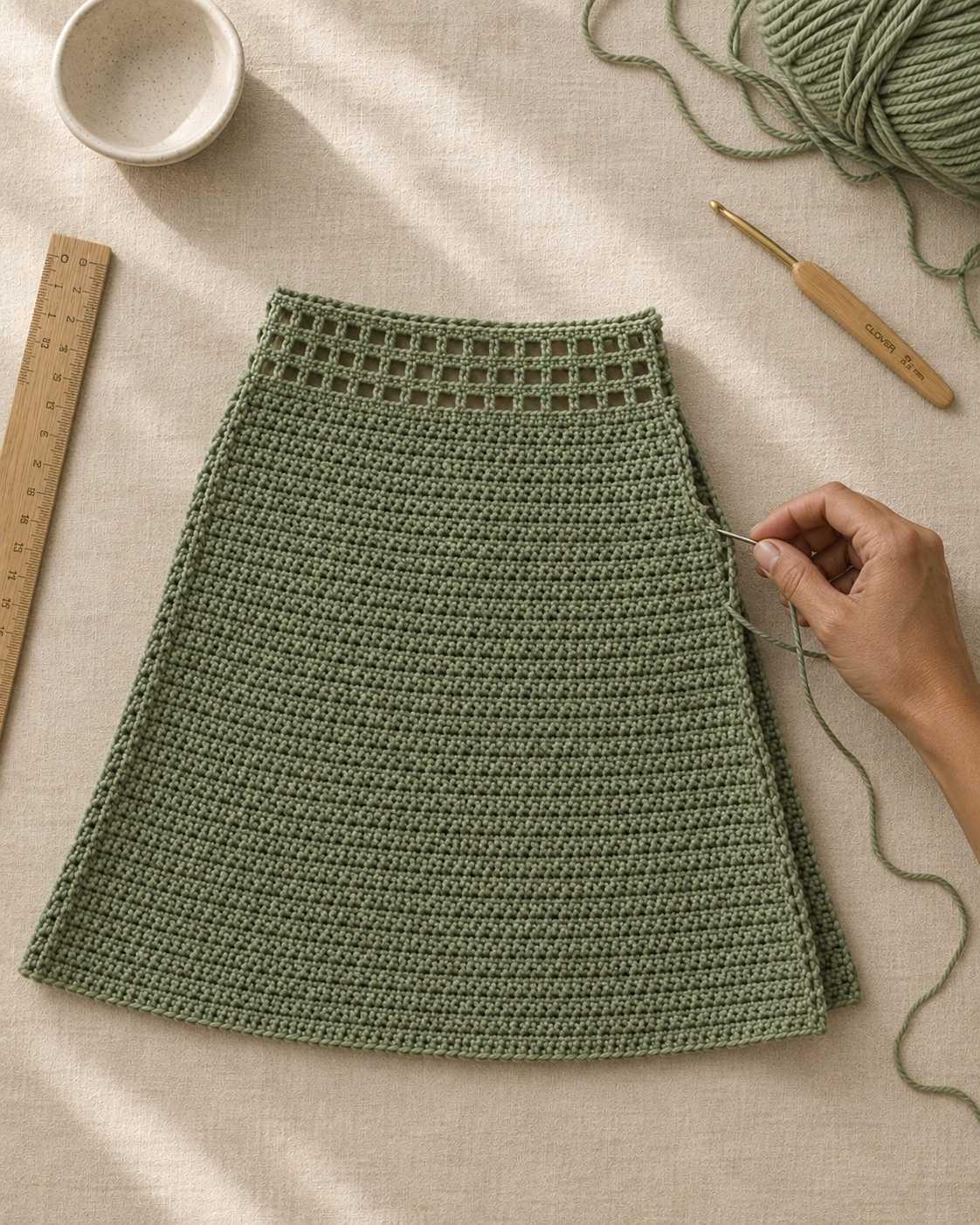 Half-assembled sage crochet skirt laid flat with the finished mesh waistband already visible at the top and a hand mid-whipstitch on a side seam