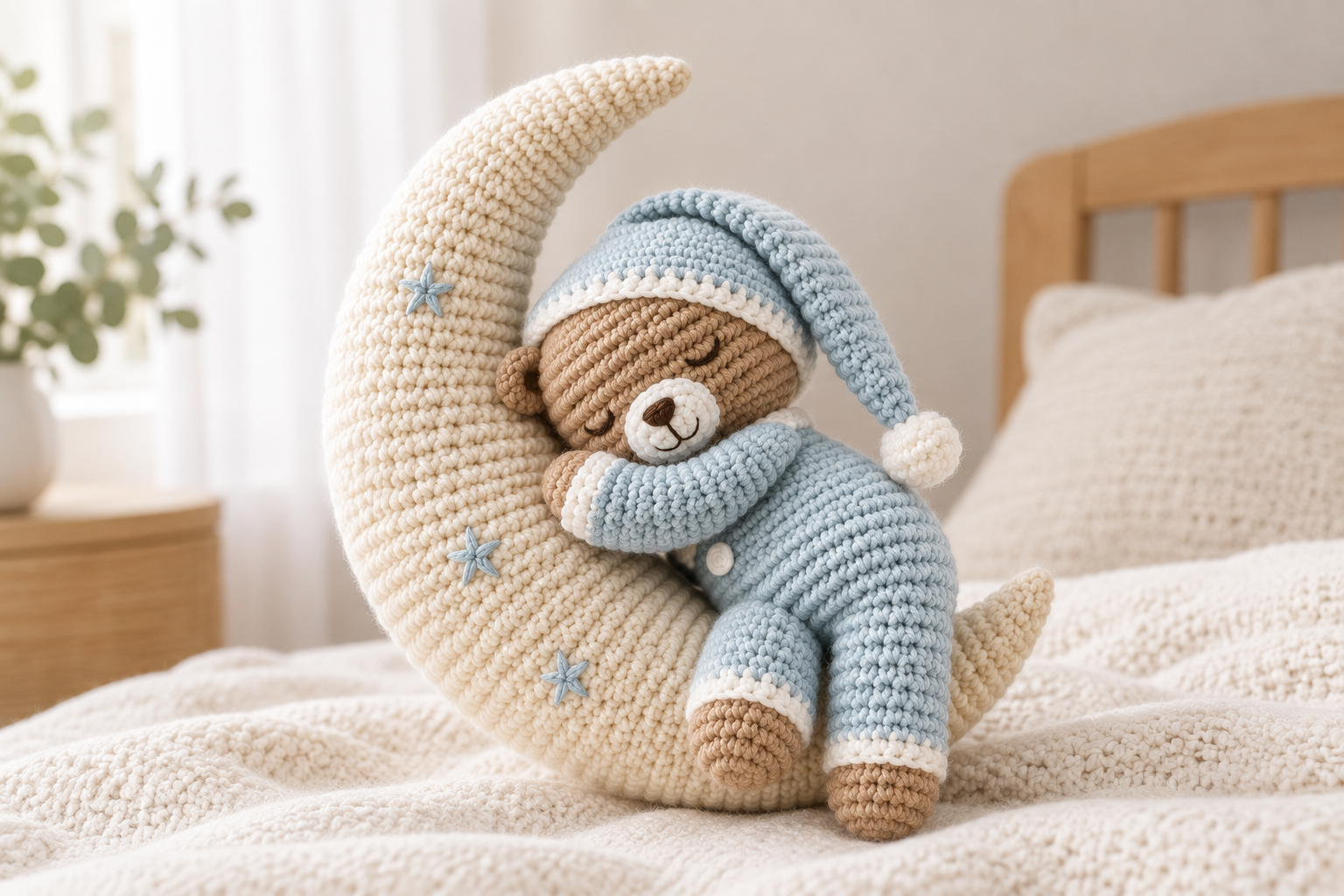 Crochet sleepy bear amigurumi in powder-blue pajamas and a nightcap with a white pompom, asleep on a cream crescent moon embroidered with little blue stars, resting on a cream bedspread in a bright bedroom