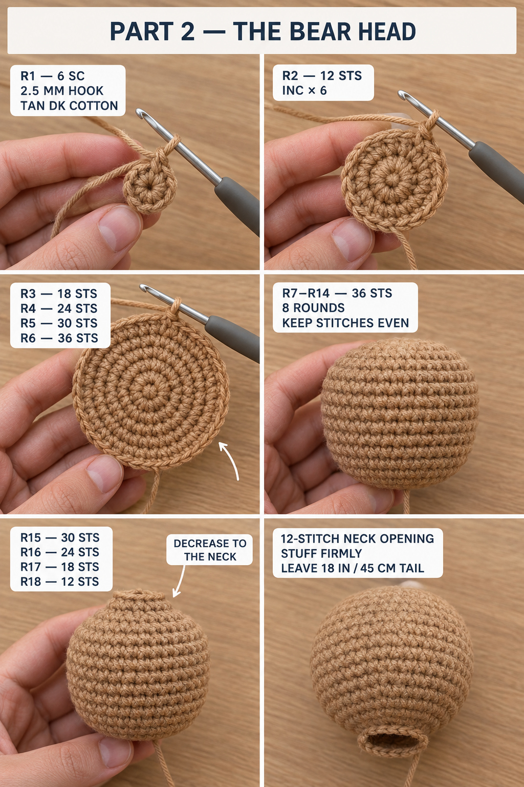 Step-by-step photos of the tan crochet bear head: magic ring, increase rounds to 36 stitches, eight even rounds, decreases to a 12-stitch neck opening with a long tail