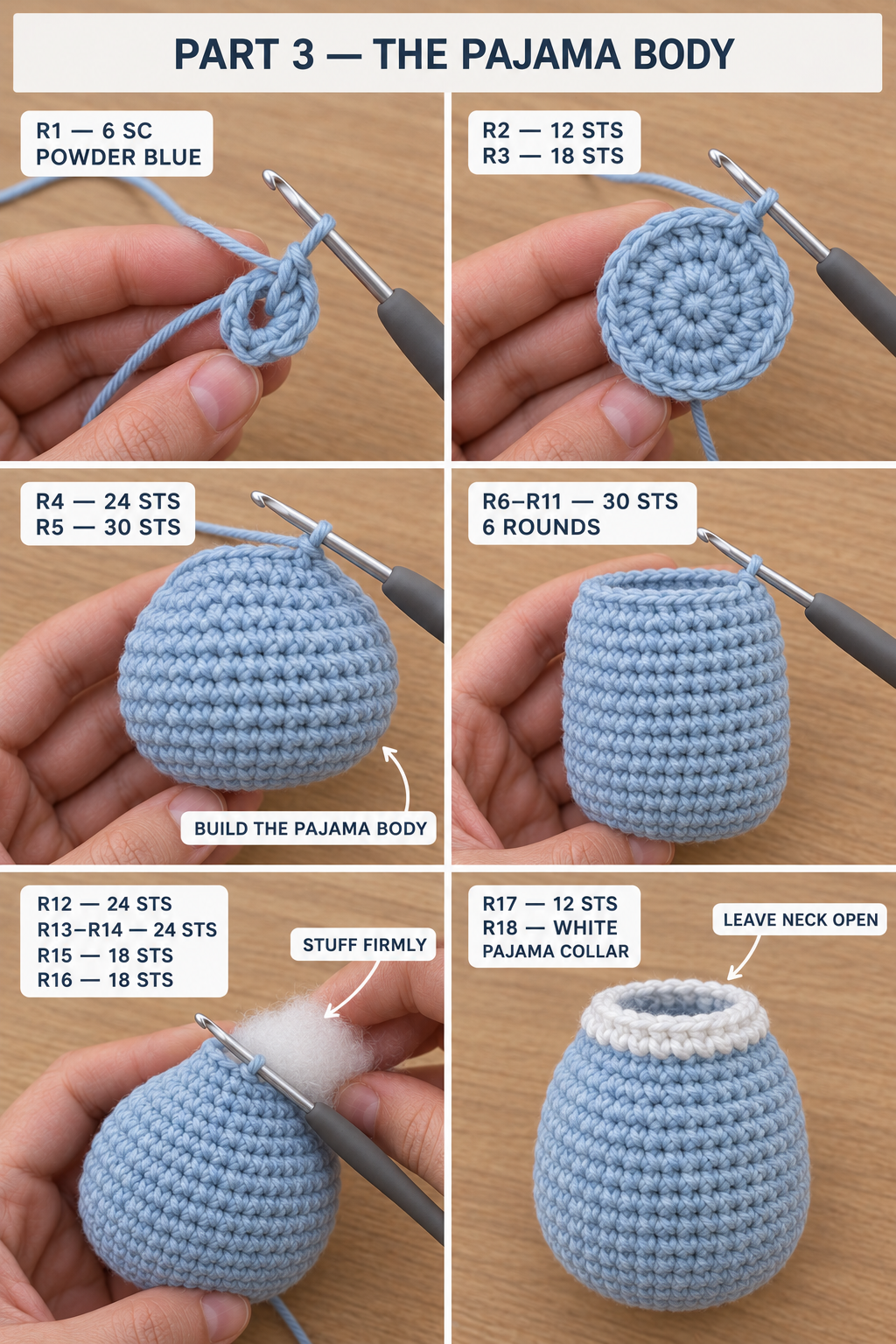 Step-by-step photos of the powder-blue crochet pajama body: magic ring, increases to 30 stitches, even rounds, stuffing, and a white collar round at the open neck