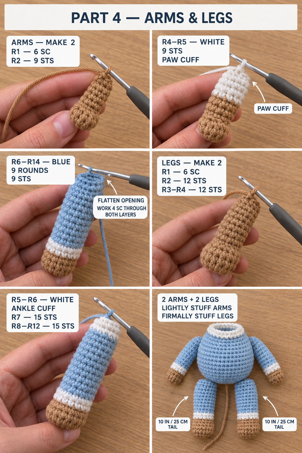 Step-by-step photos of the crochet bear arms and legs with tan paws and feet, white cuffs and blue sleeves, then both arms and legs sewn onto the pajama body