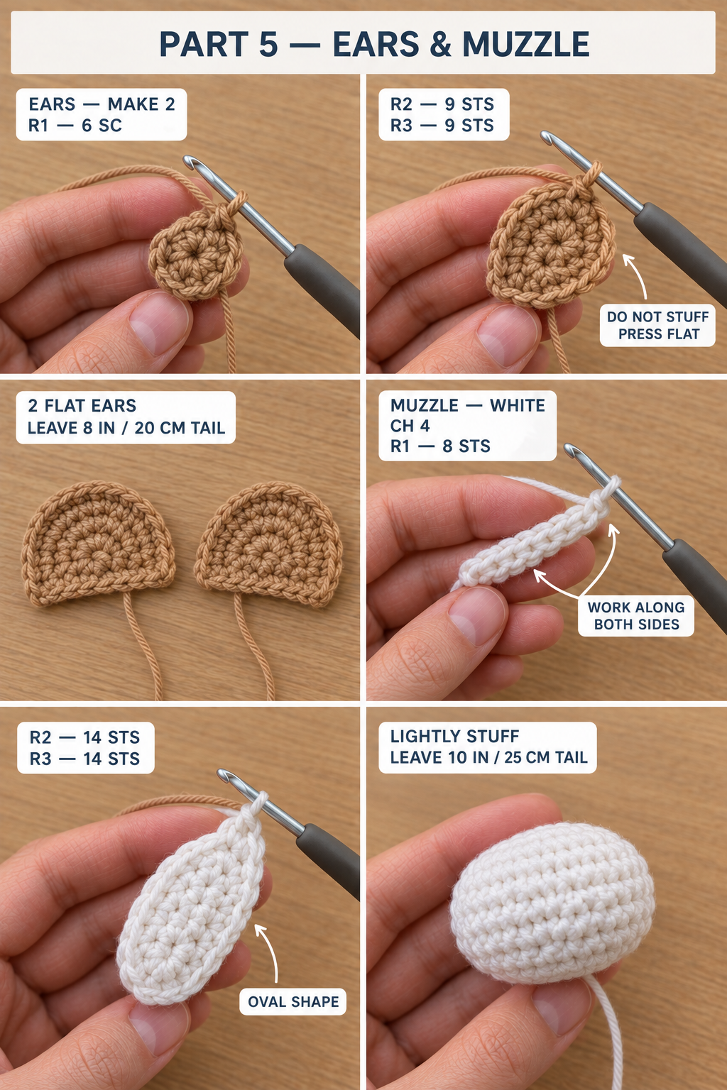Step-by-step photos of the two flat tan crochet bear ears and the white oval muzzle worked around a chain