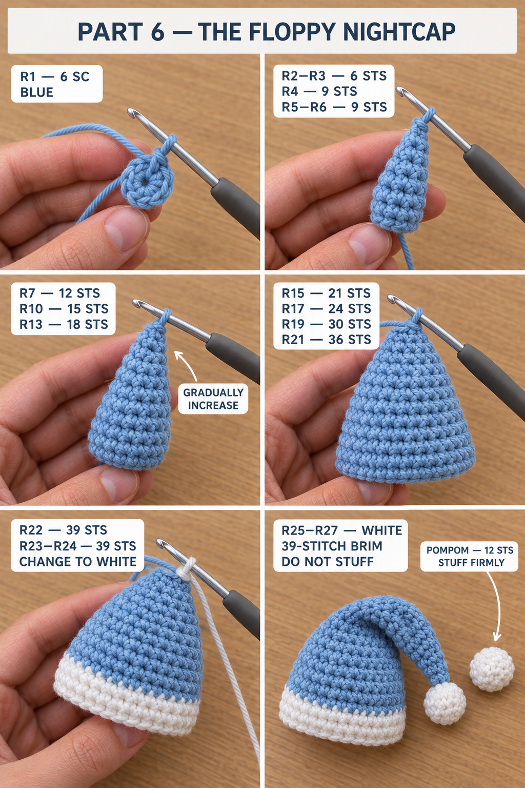 Step-by-step photos of the floppy powder-blue crochet nightcap worked from the pointed tip down, the white brim, and the small white crocheted pompom ball