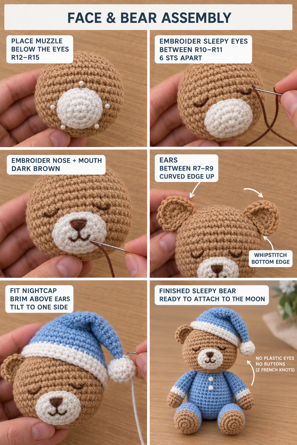 Step-by-step photos of the bear face and assembly: muzzle pinned below the eyes, sleepy eyes embroidered, nose and mouth stitched, ears sewn on, nightcap fitted above the ears, and the finished sitting bear with two French-knot buttons