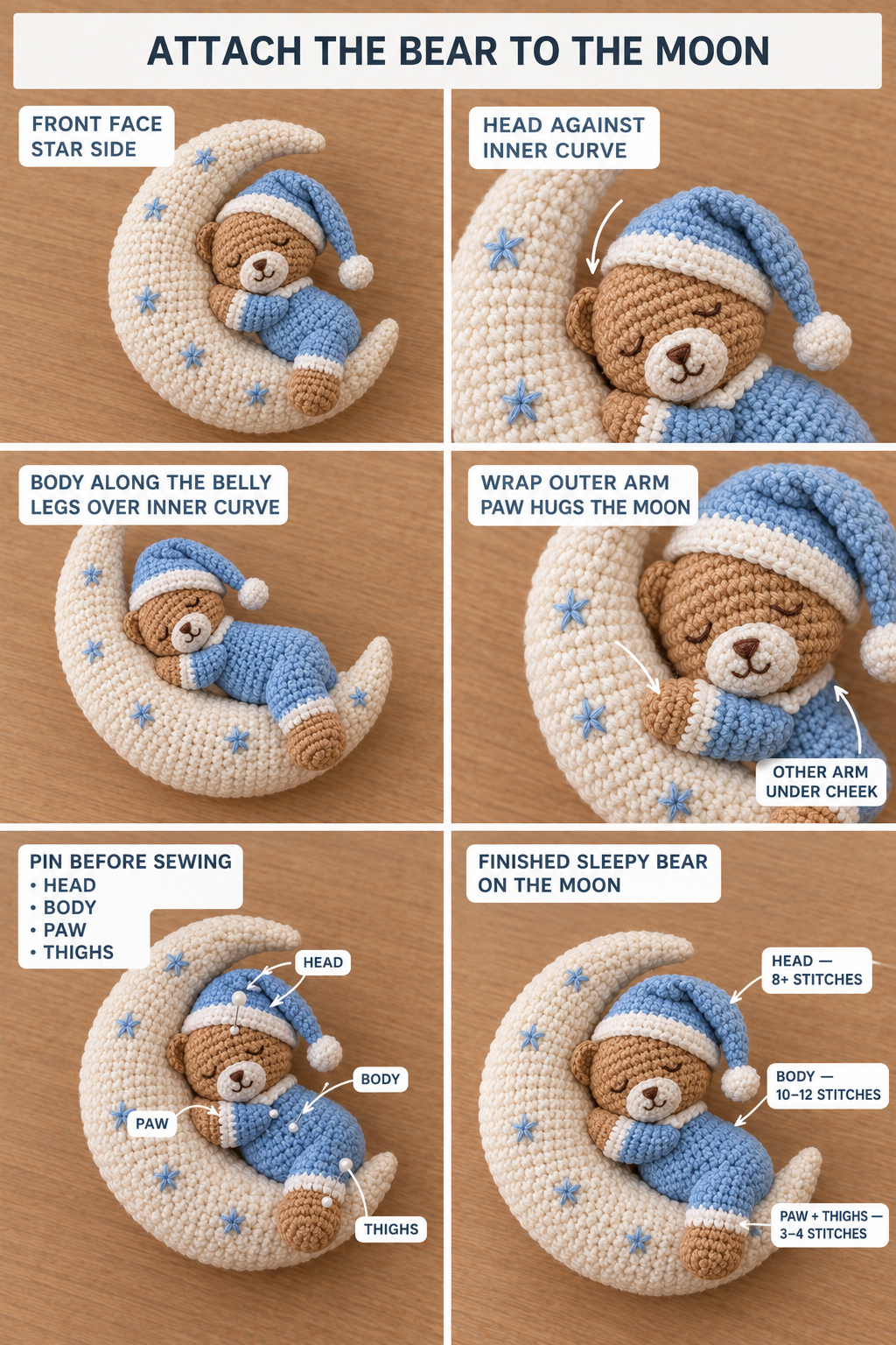 Step-by-step photos of attaching the crochet bear to the moon: star side facing front, head against the inner curve, legs over the inner curve, outer arm hugging the moon, pins at head, body, paw and thighs, and the finished sleepy bear on the moon
