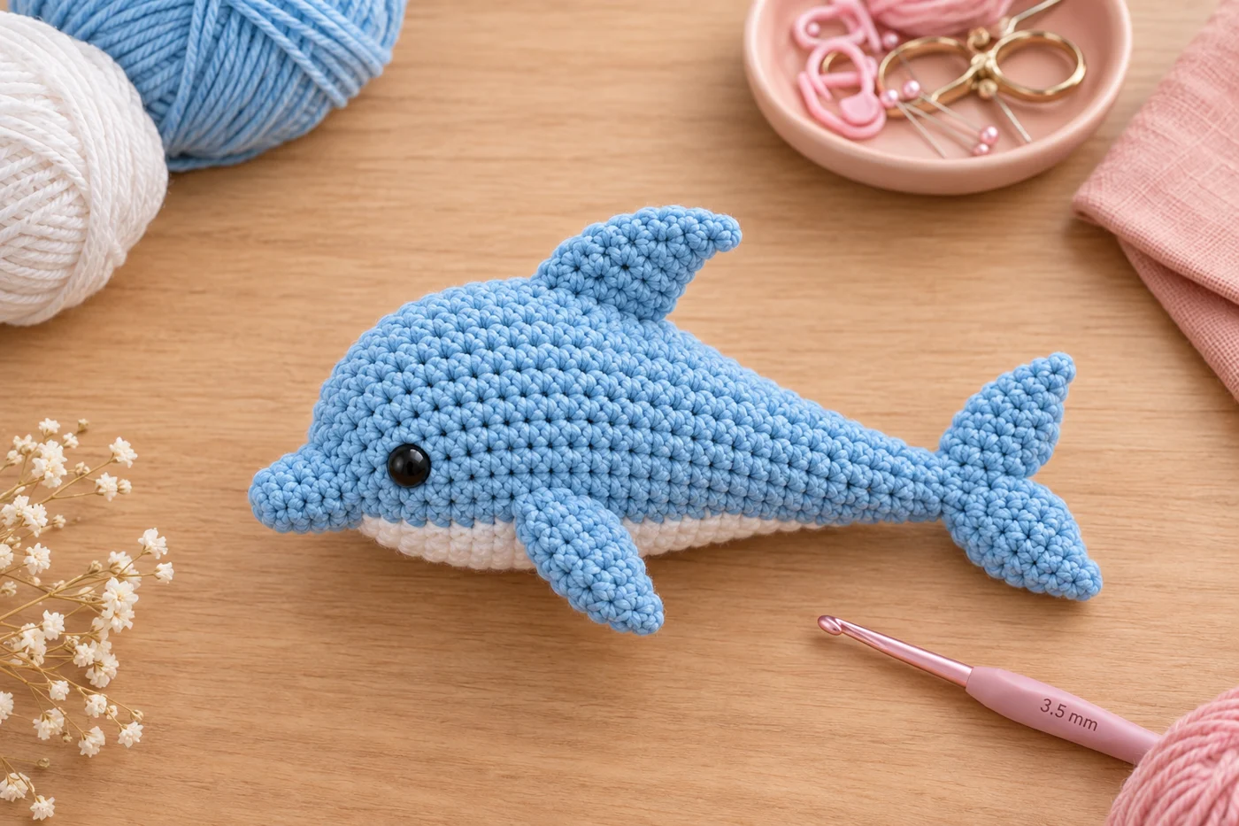 Soft sky-blue crochet baby dolphin amigurumi with a white belly, a curved dorsal fin, small side fins and a V-shaped tail, lying on a light oak table beside balls of blue and white yarn and a pink 3.5 mm crochet hook