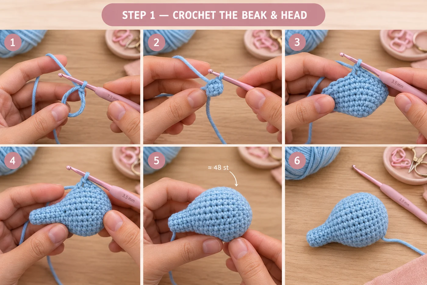 Step 1 of the baby dolphin amigurumi: the short blue beak worked from a magic ring, then the head increasing to 48 stitches and worked straight, on a 3.5 mm hook