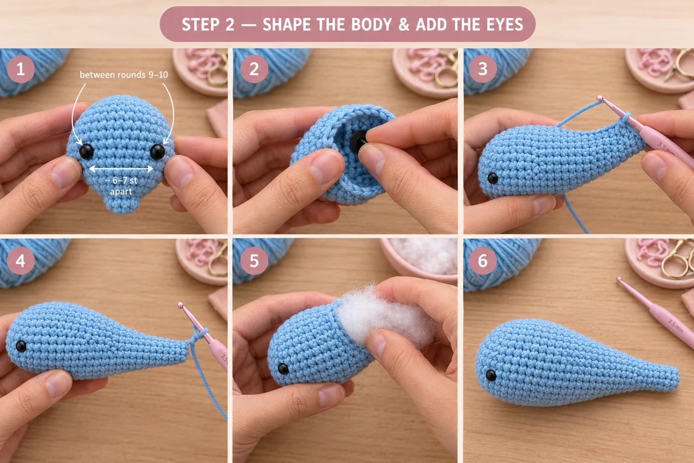 Step 2 of the baby dolphin amigurumi: the stuffed blue body with safety eyes set behind the beak, tapering toward a narrow tail end that is flattened side to side and closed with single crochet