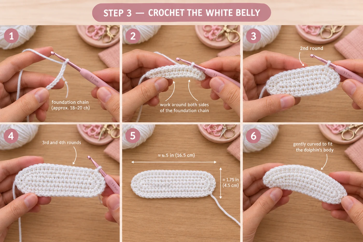 Step 3 of the baby dolphin amigurumi: a white single crochet oval worked around a foundation chain, about 6.5 inches long, with a long tail for sewing