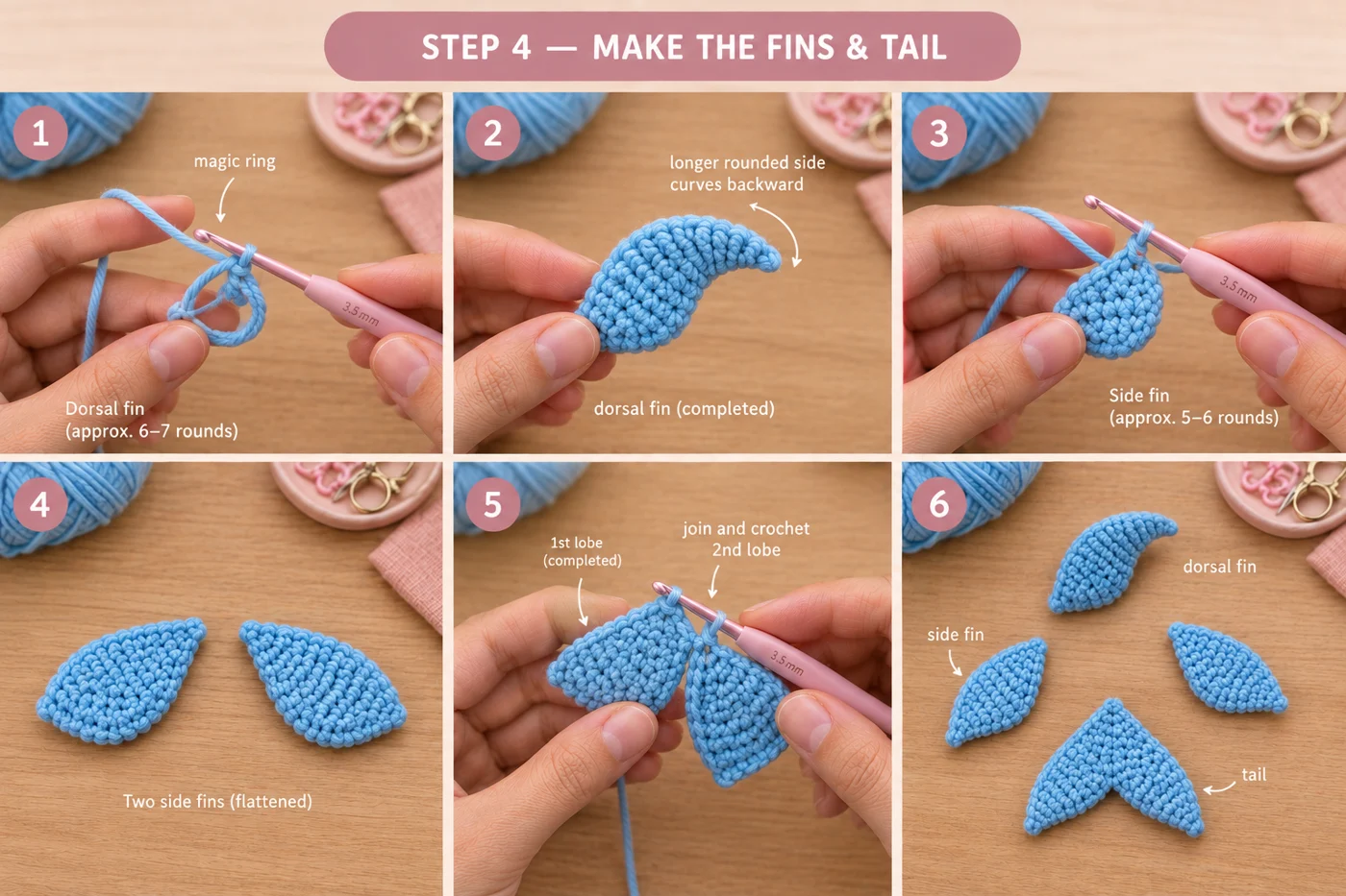 Step 4 of the baby dolphin amigurumi: the curved blue dorsal fin, two flattened paddle side fins and the V-shaped tail made from two pointed lobes joined in one round
