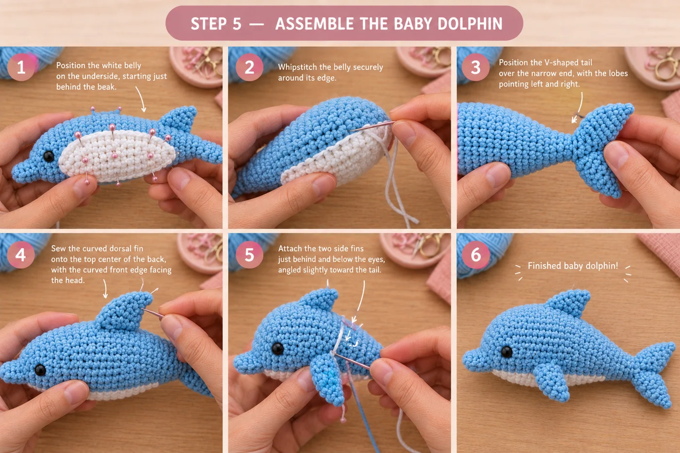 Step 5 of the baby dolphin amigurumi: pinning and whipstitching the white belly, the tail, the dorsal fin and the side fins onto the blue body, then the finished soft dolphin plush