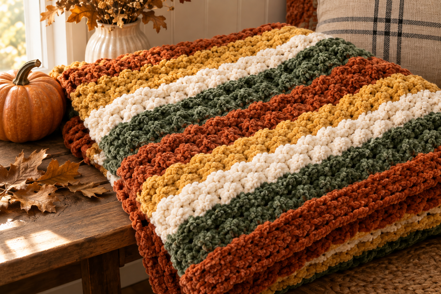 A chunky striped crochet blanket in the autumn palette variation — wide horizontal bands of rust orange, mustard yellow, cream and forest green super-bulky Bernat Blanket chenille yarn, folded on a wooden bench beside a small pumpkin and dried oak leaves, dried grasses in a fluted ceramic vase in the background, warm afternoon window light, cozy fall cottagecore mood, photorealistic editorial home decor photography