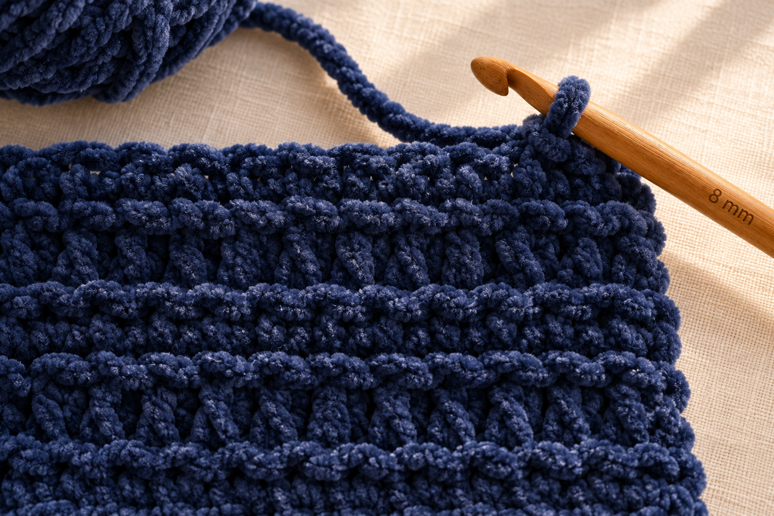 Overhead macro close-up of a chunky navy blue crochet swatch in progress showing four rows of alternating single crochet and double crochet in super-bulky Bernat Blanket chenille yarn, an 8 mm honey-colored wooden crochet hook mid-stitch at the top-right with the working loop attached, small ball of navy chenille yarn softly blurred in the upper-left corner, cream linen background, warm afternoon window light, photorealistic craft-magazine detail shot