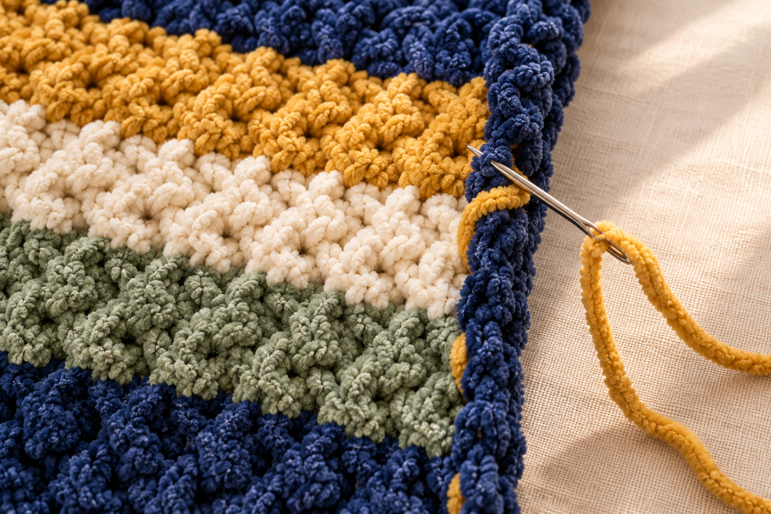 Overhead macro close-up of a large-eye silver tapestry needle threaded with a mustard yellow chunky Bernat Blanket chenille yarn tail being woven into the navy side edge of a finished striped crochet blanket, the mustard, cream, sage and navy stripes clearly visible on the left, cream linen background, warm afternoon window light, photorealistic craft-magazine detail shot