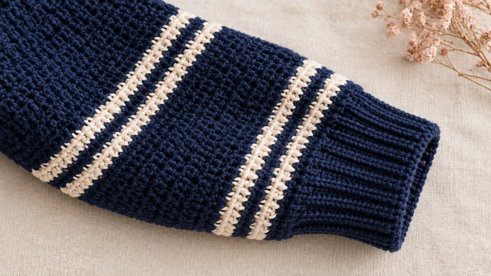 Close-up macro of the finished navy and cream striped crochet sweater sleeve showing the horizontal stripe pattern in half double crochet transitioning into a ribbed navy cuff with a sprig of dried blush wildflower in the corner