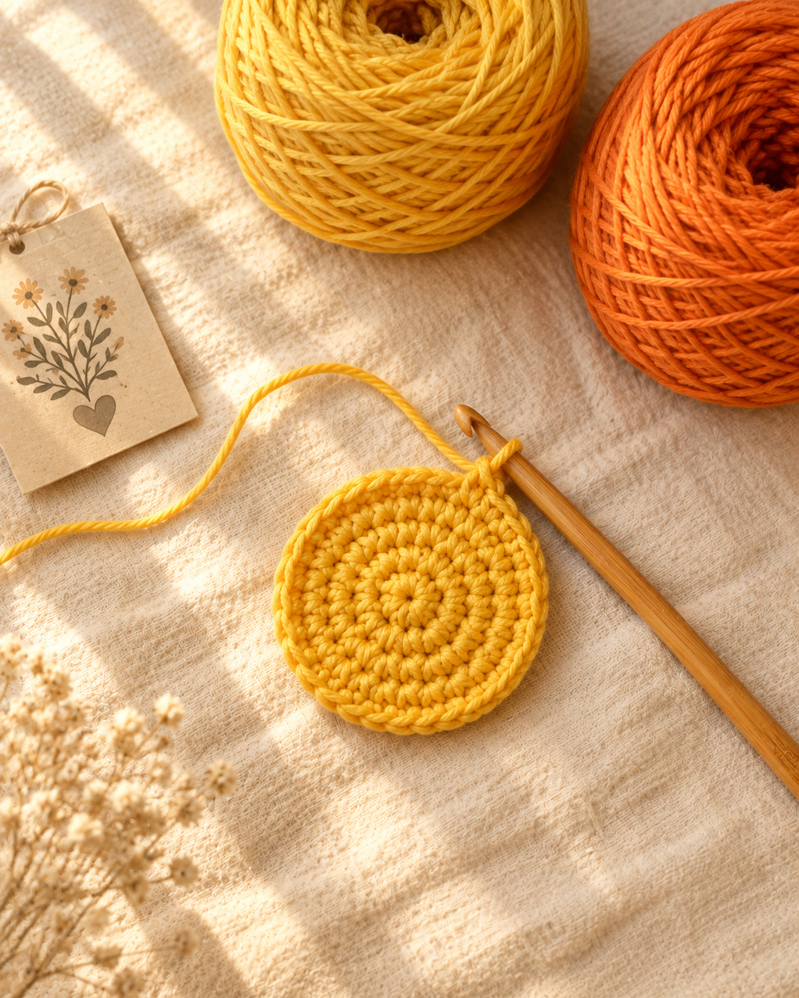 A golden yellow crochet circle in progress on a 4 mm hook, four rounds worked, resting on a cream linen surface in warm window light