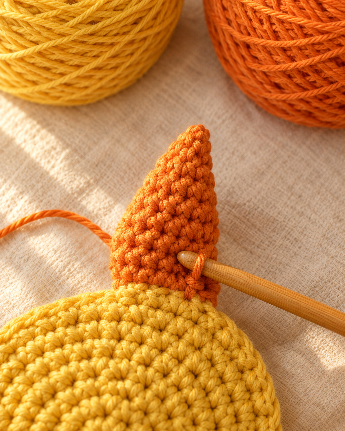 Close-up of a single orange crochet ray spike, worked as a pointed chain-based shape attached to the edge of the yellow face circle
