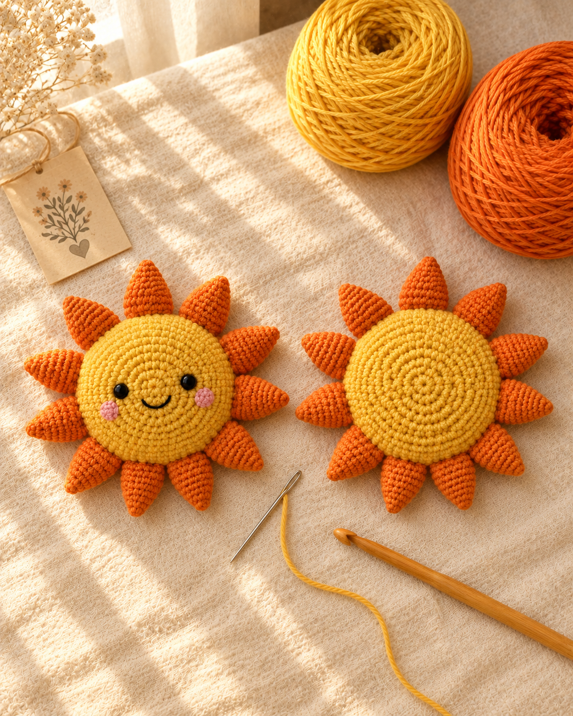 The two matching front and back sunshine panels laid side by side on a cream linen surface, the front panel showing a face with safety eyes and an embroidered smile, before joining