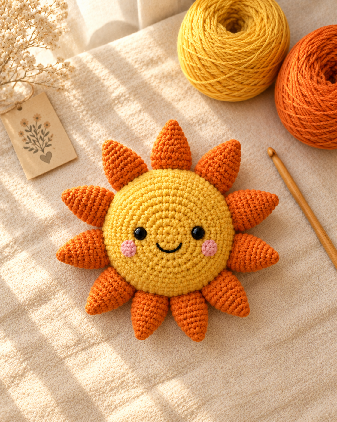 The finished sunshine amigurumi from the front, showing the smiling face, safety eyes, pink cheeks, and all eleven stuffed orange rays, resting on a cream linen surface