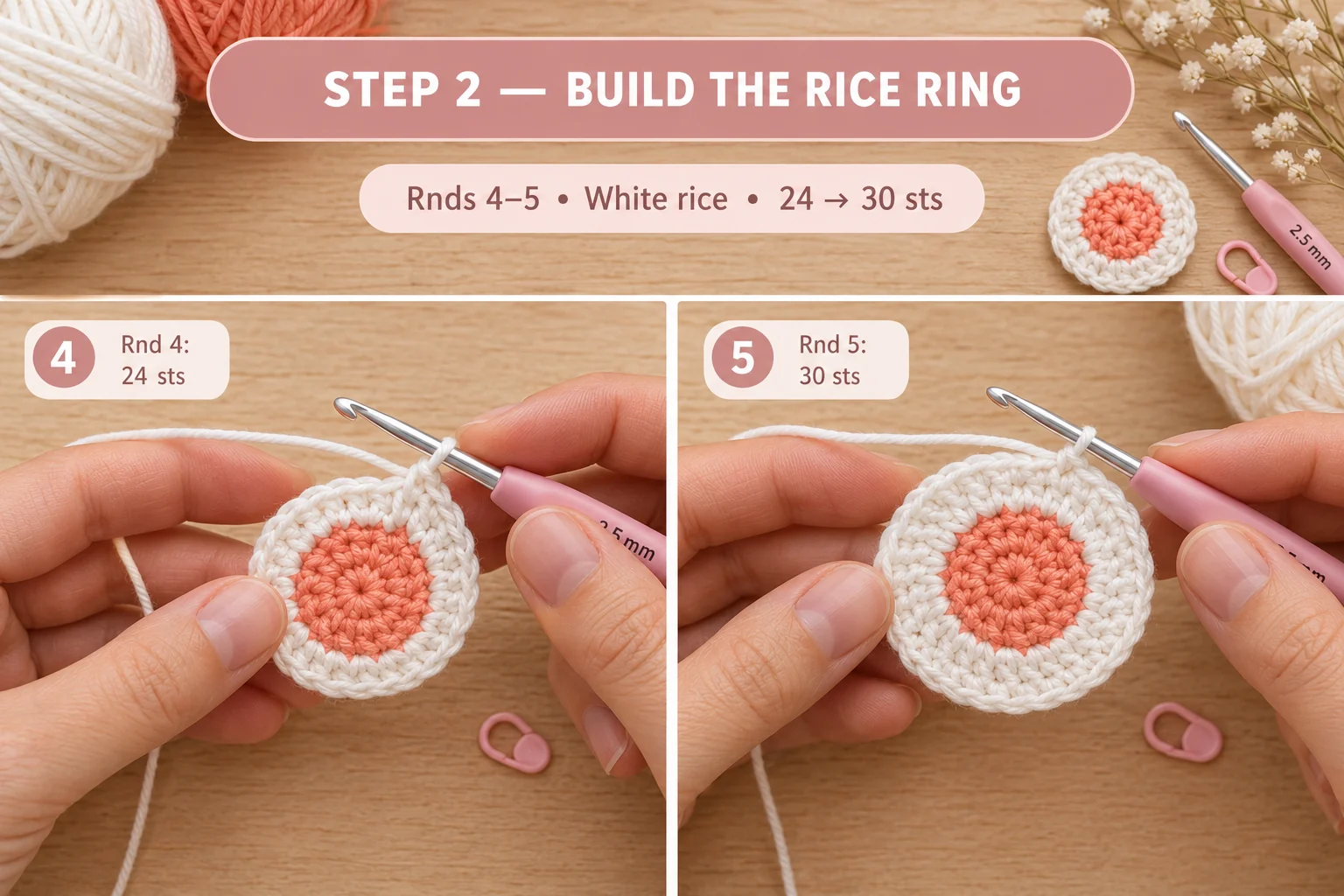 Step 2 of the tiny crochet sushi roll: two white rice rounds around the salmon center, 24 stitches in Round 4 and 30 stitches in Round 5