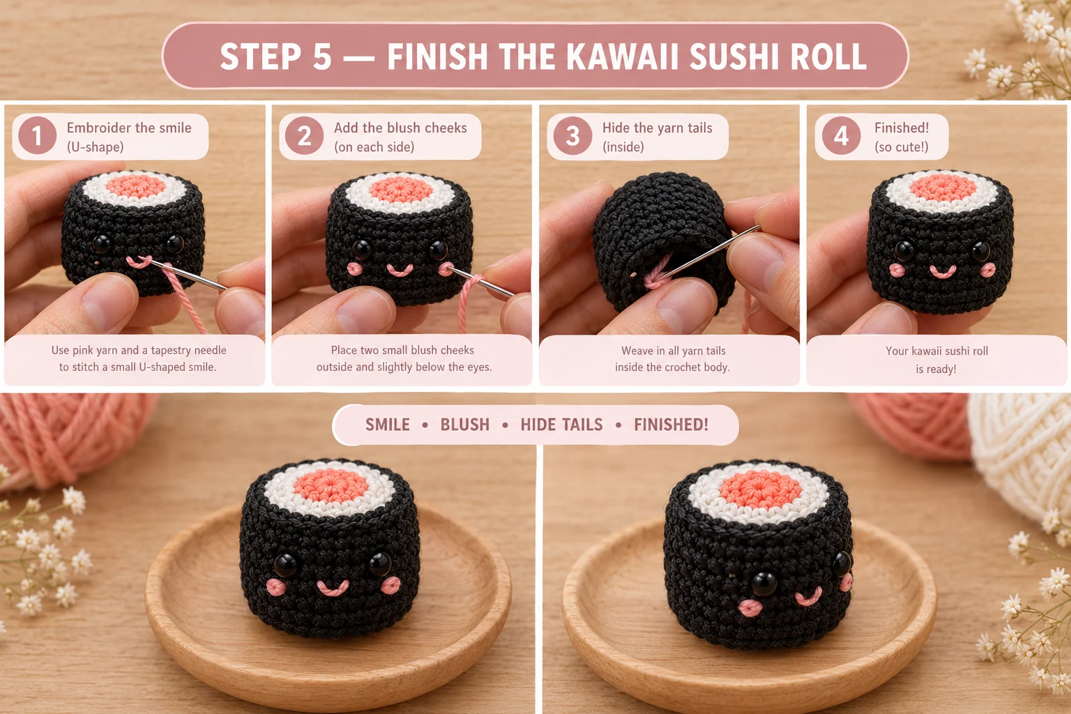 Step 5 of the tiny crochet sushi roll: embroidering a pink U-shaped smile and blush cheeks under the black eyes, hiding the yarn tails inside, and the finished kawaii roll on a wooden plate