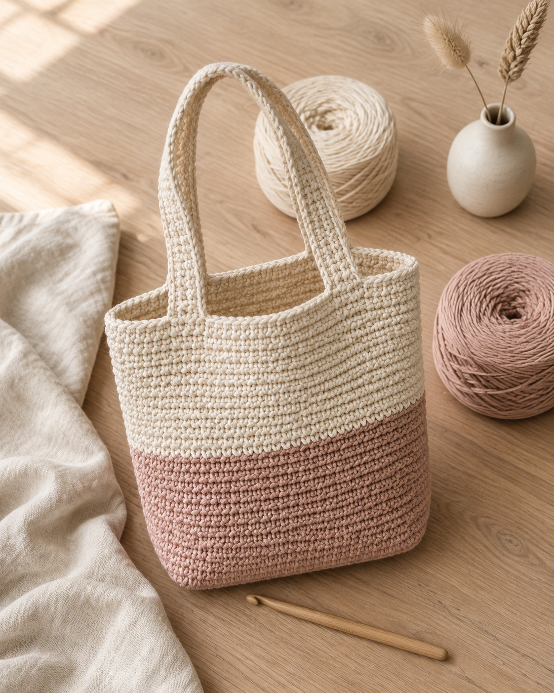 Two-tone crochet tote bag in cream and dusty blush, sitting on a light oak table with a matching pink yarn cake and wooden crochet hook