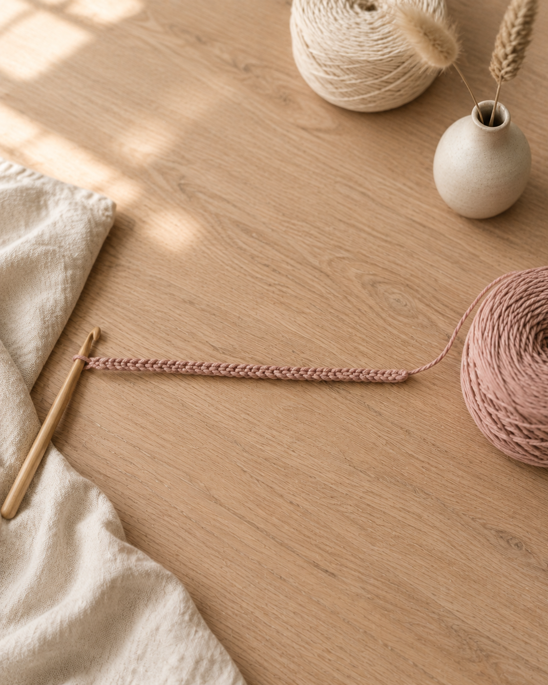 Foundation chain of dusty blush yarn laid flat on a light oak table next to a wooden crochet hook