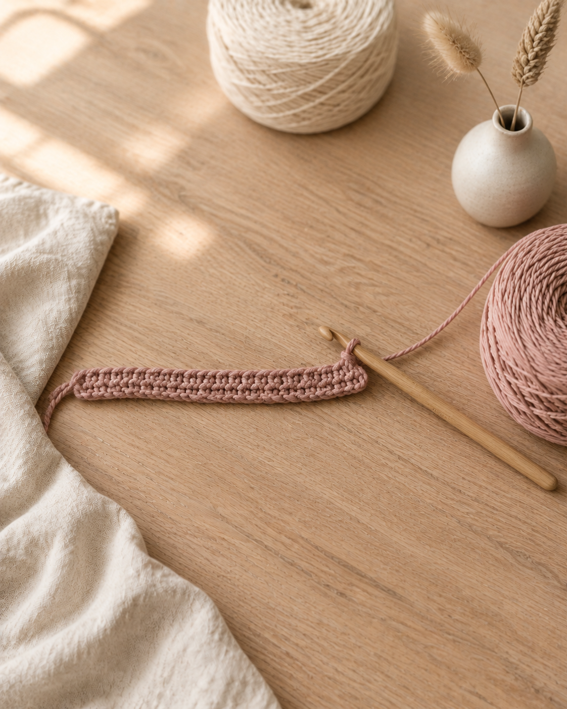 First row of single crochet stitches worked across a blush foundation chain