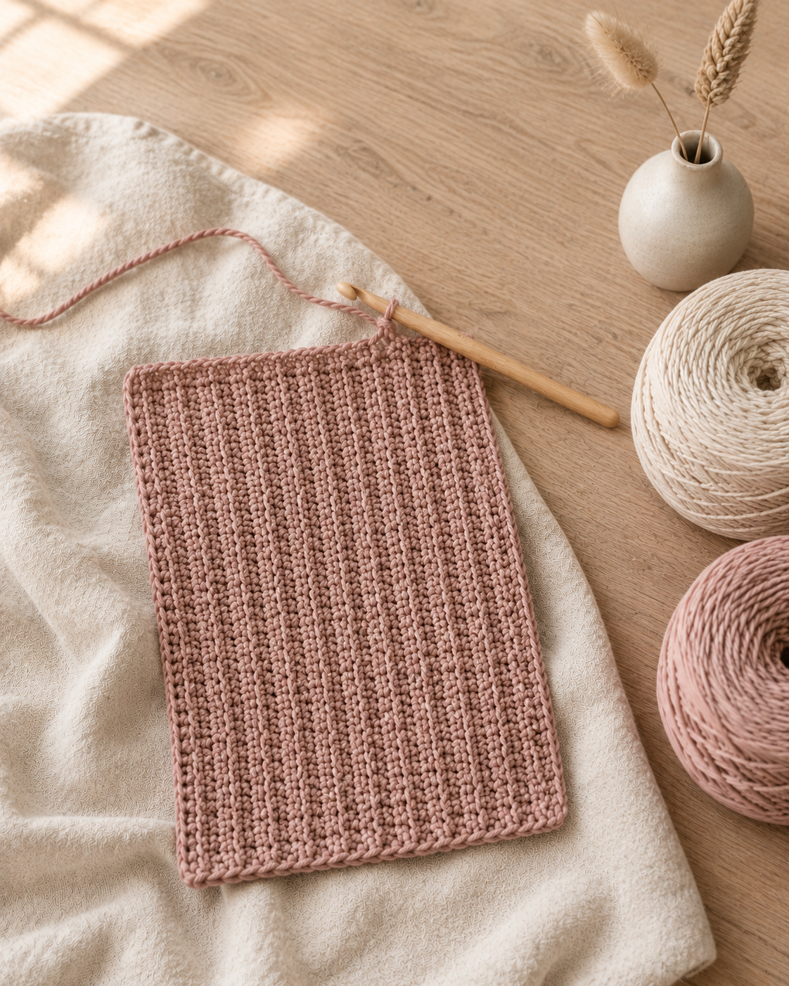 Two-tone tote body panel showing ribbed back-loop-only single crochet in blush pink