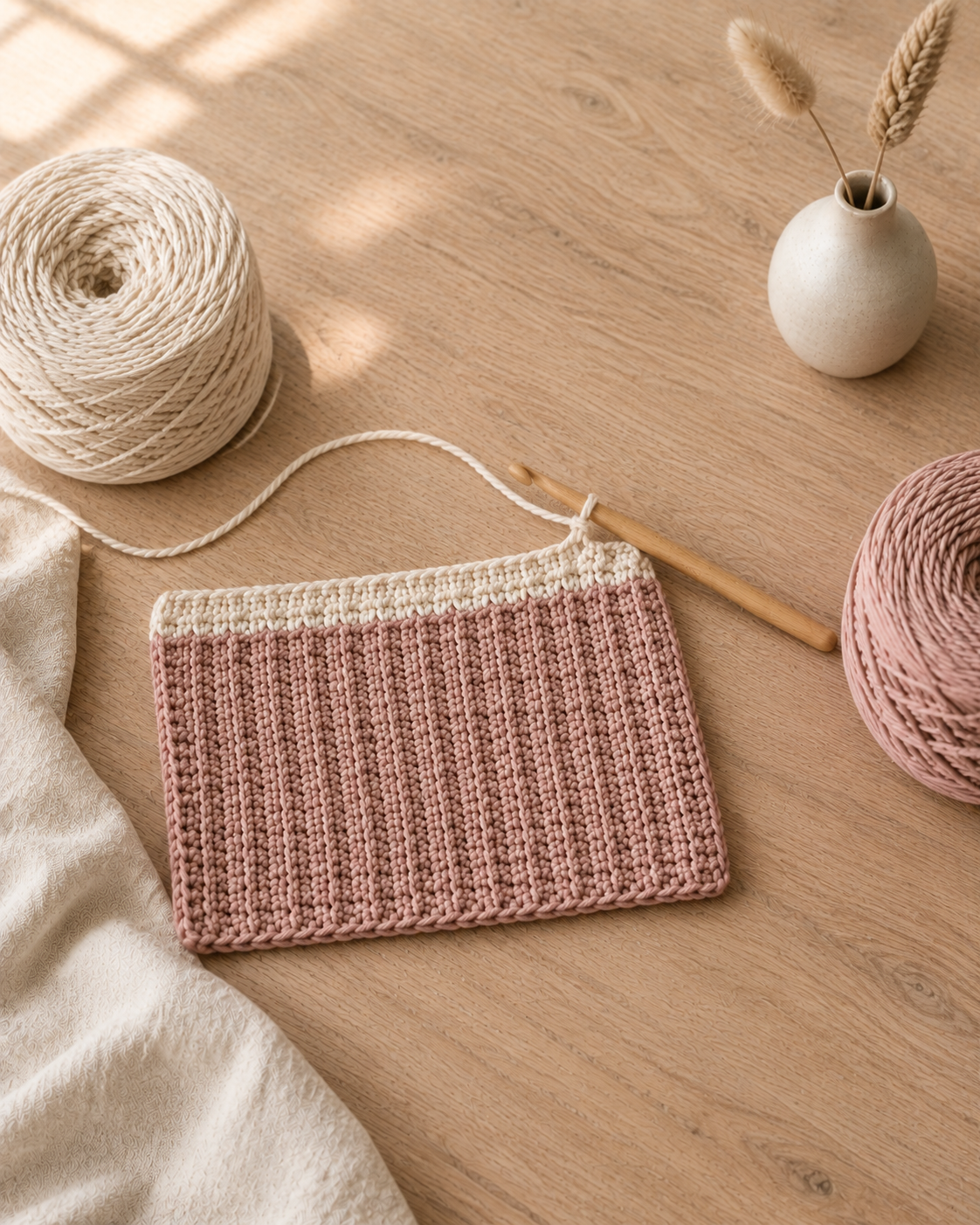 Color change moment from dusty blush to cream, first cream row worked across the top of the pink panel