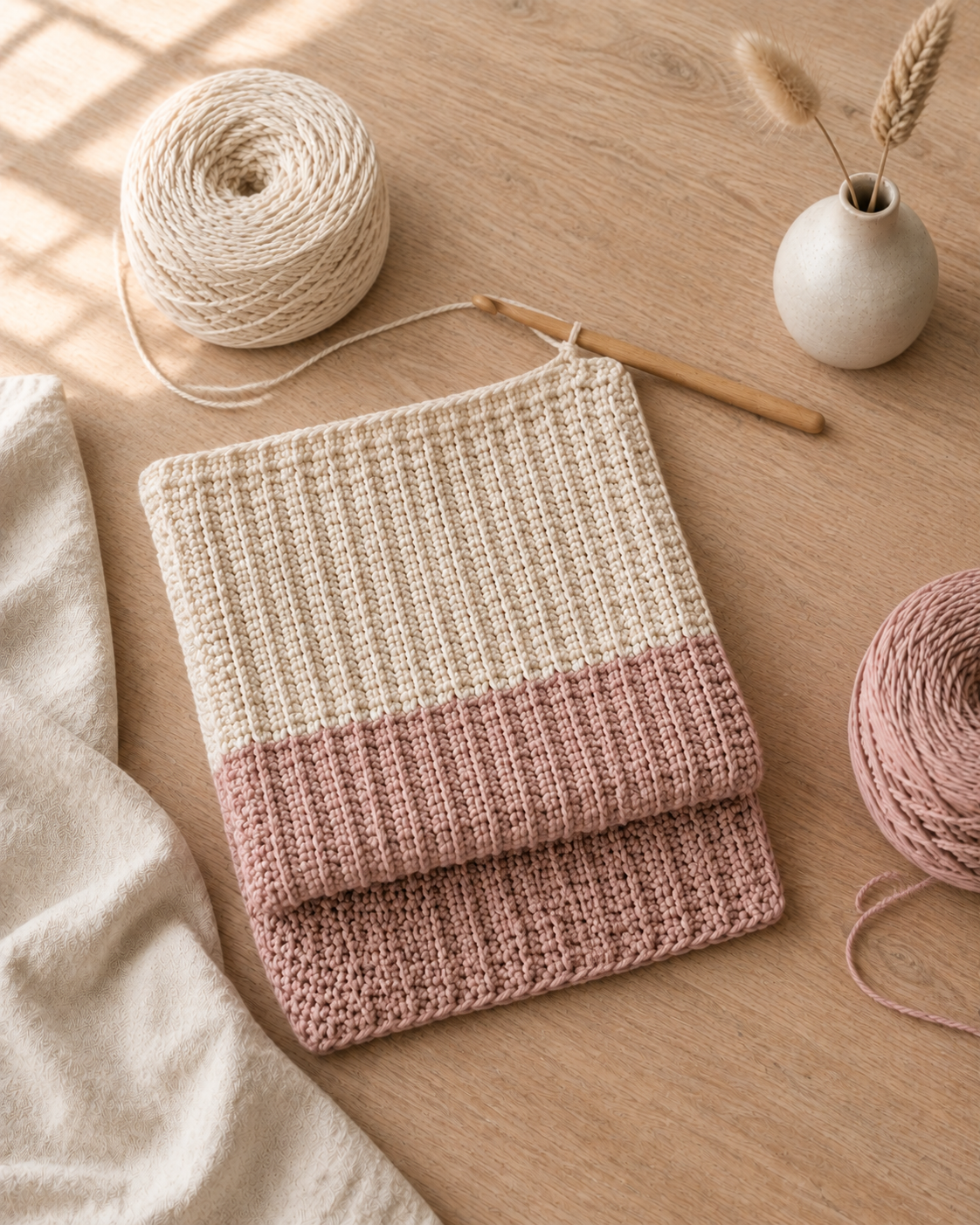 Full two-tone crochet body panel, cream top and blush bottom, folded in half on a light oak table