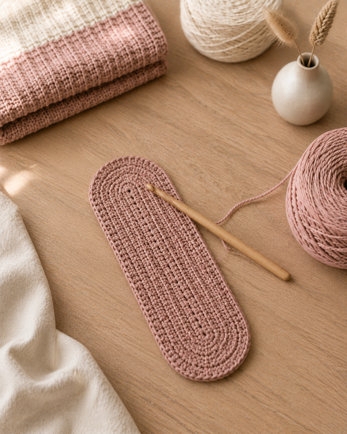Small blush oval base, worked in single crochet, sitting flat on a light oak table next to the tote body