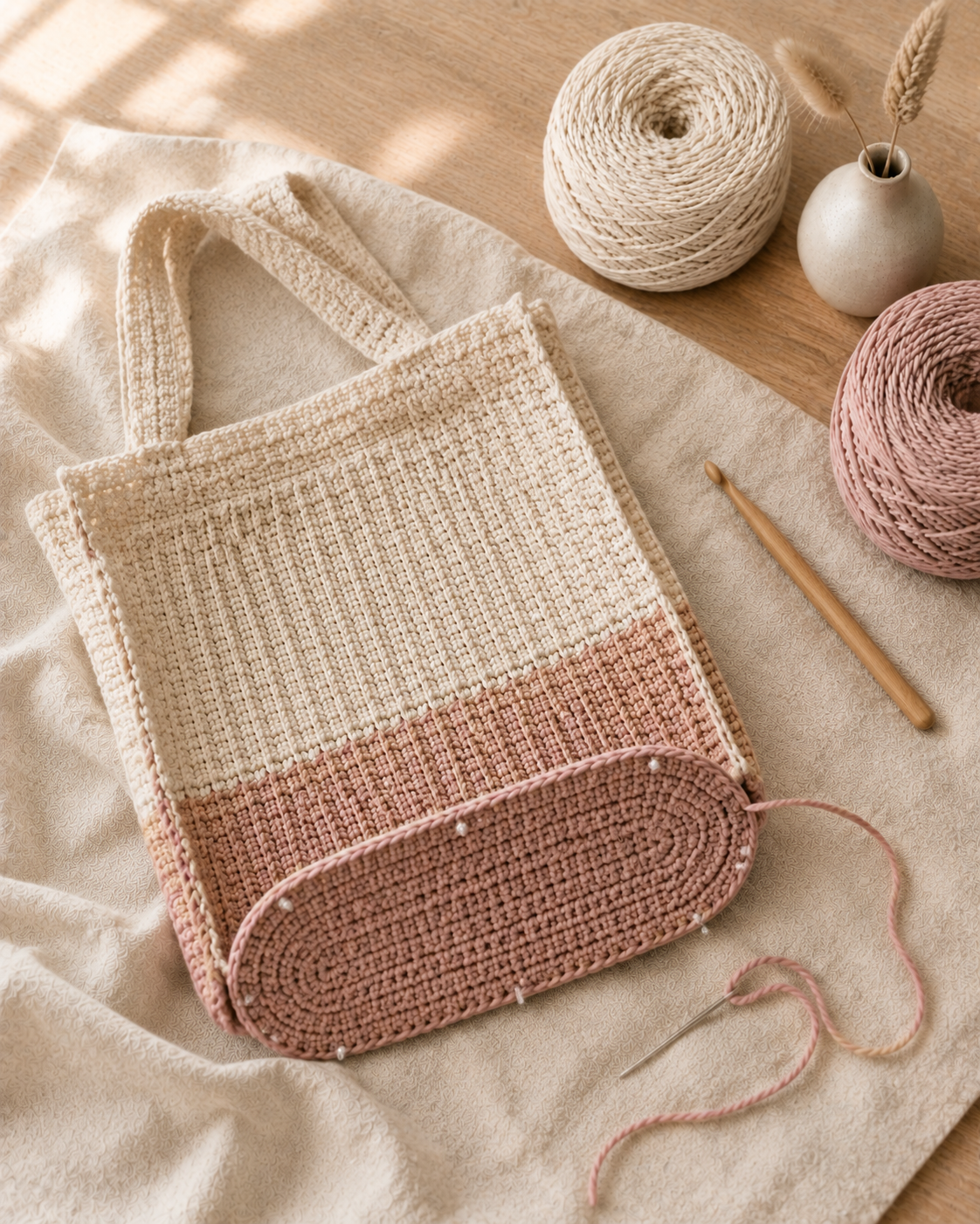 Long cream crocheted handle strap laid on a light oak table with a wooden hook, showing the ribbed BLO texture
