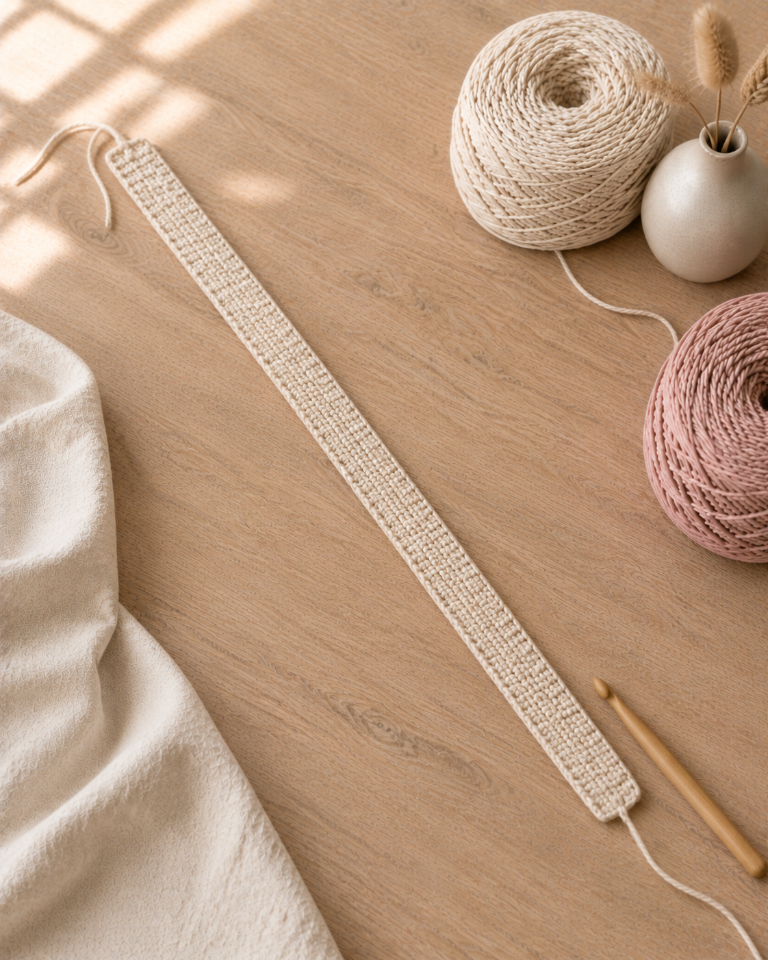 Both cream handles positioned across the top of the two-tone tote, ready to be sewn on 8 stitches in from each side